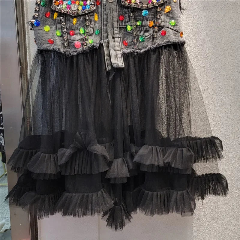 Women’s Rainbow Color Diamond Beaded Mesh Ruffles Splice Jean Jacket