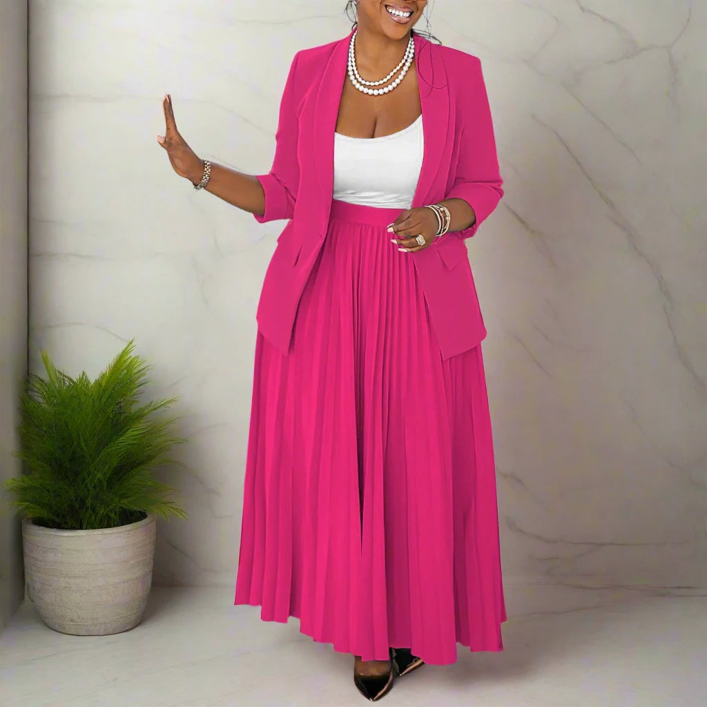 Plus Size Women's Full Sleeve Blazer and Pleated Maxi Skirt