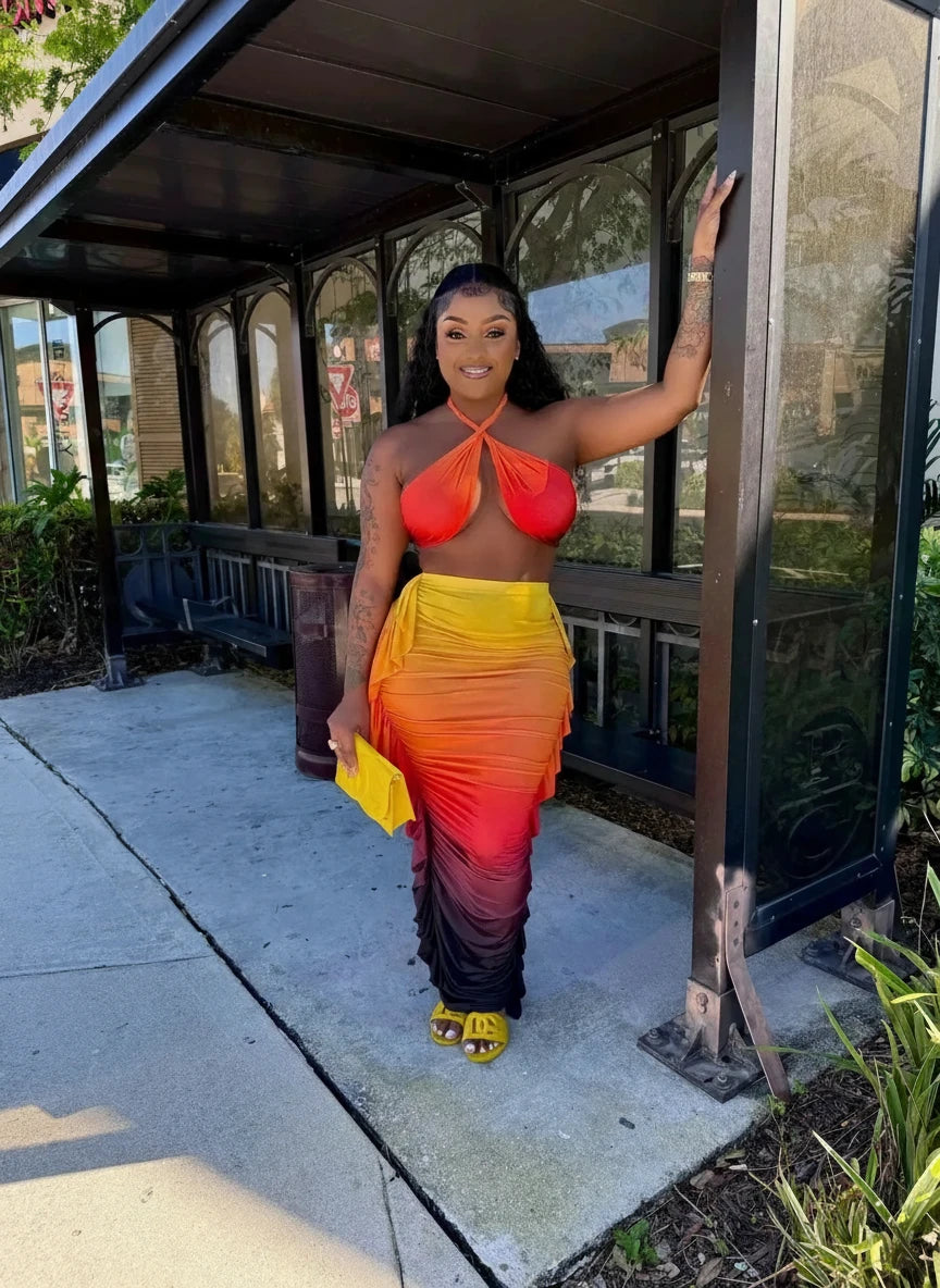 Gradient Printed Women' Sleeveless V Neck Crop Top &  Bodycon Tassel Maxi Skirt