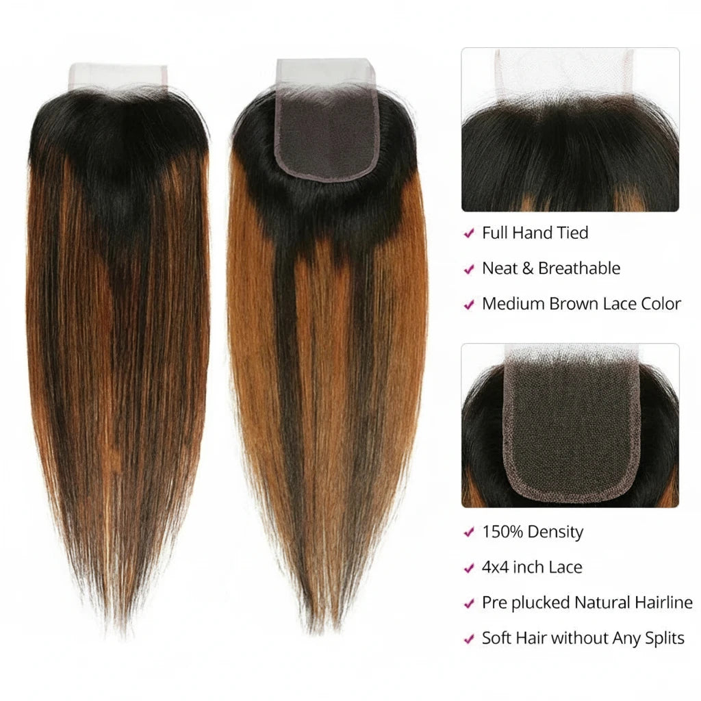 Brown Balayage Straight Hair with Closure 2/3/4 PCS Bundles