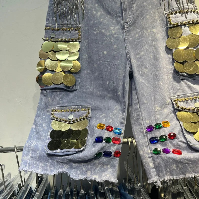 Denim Shorts Riveted Skinny Straight Rough Five-Point Denim Shorts