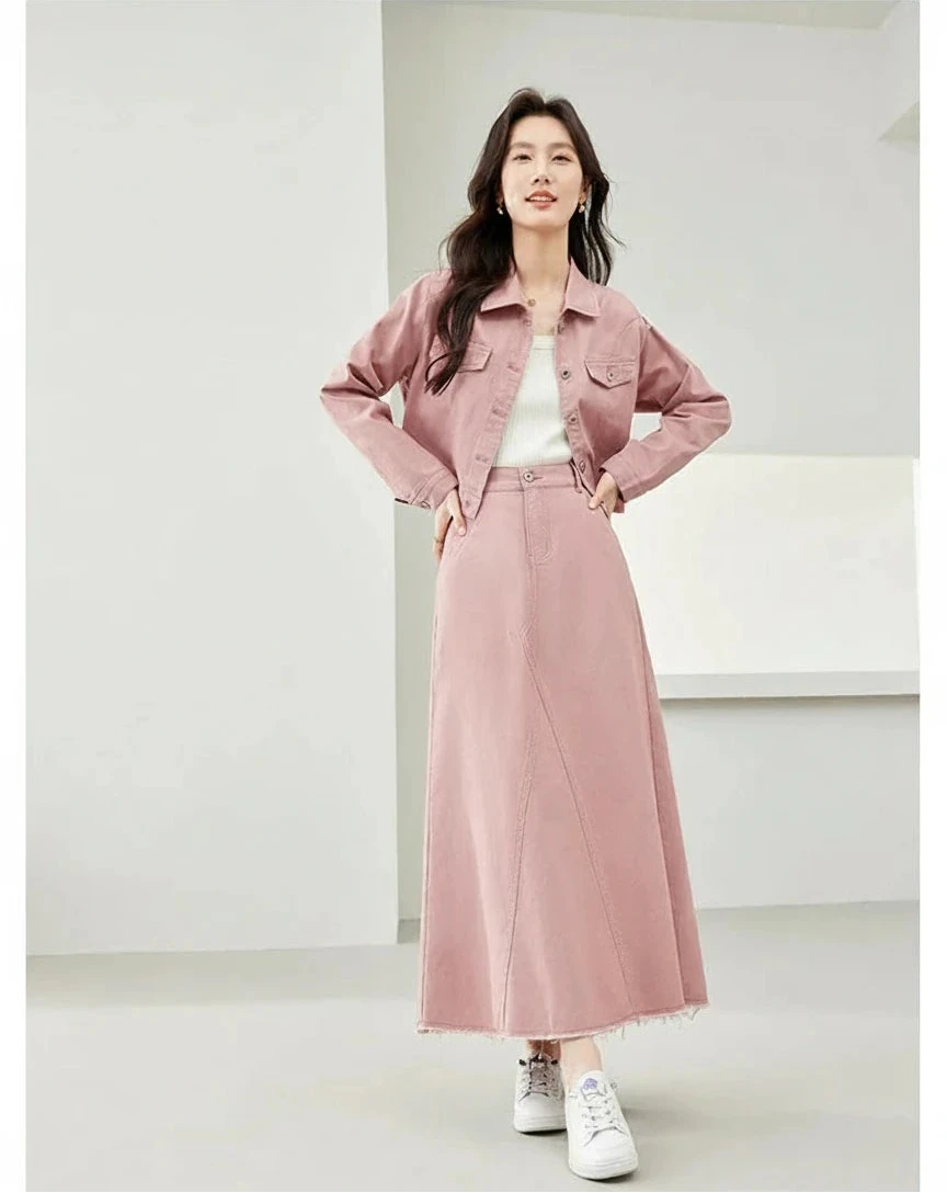 Pink Denim Maxi Jacket Skirt Set