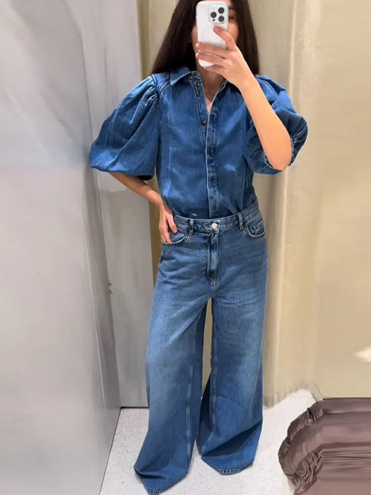 Women’s Denim Short Solid Lapel Half Puff Sleeve Single Breasted Pleated Top