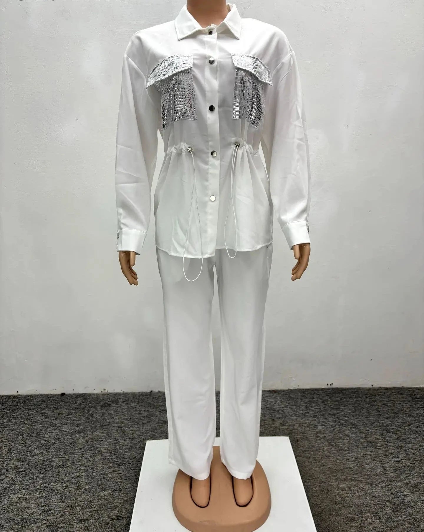 Women's Long Sleeve Drawstring Shirt & Wide Leg Pants Set