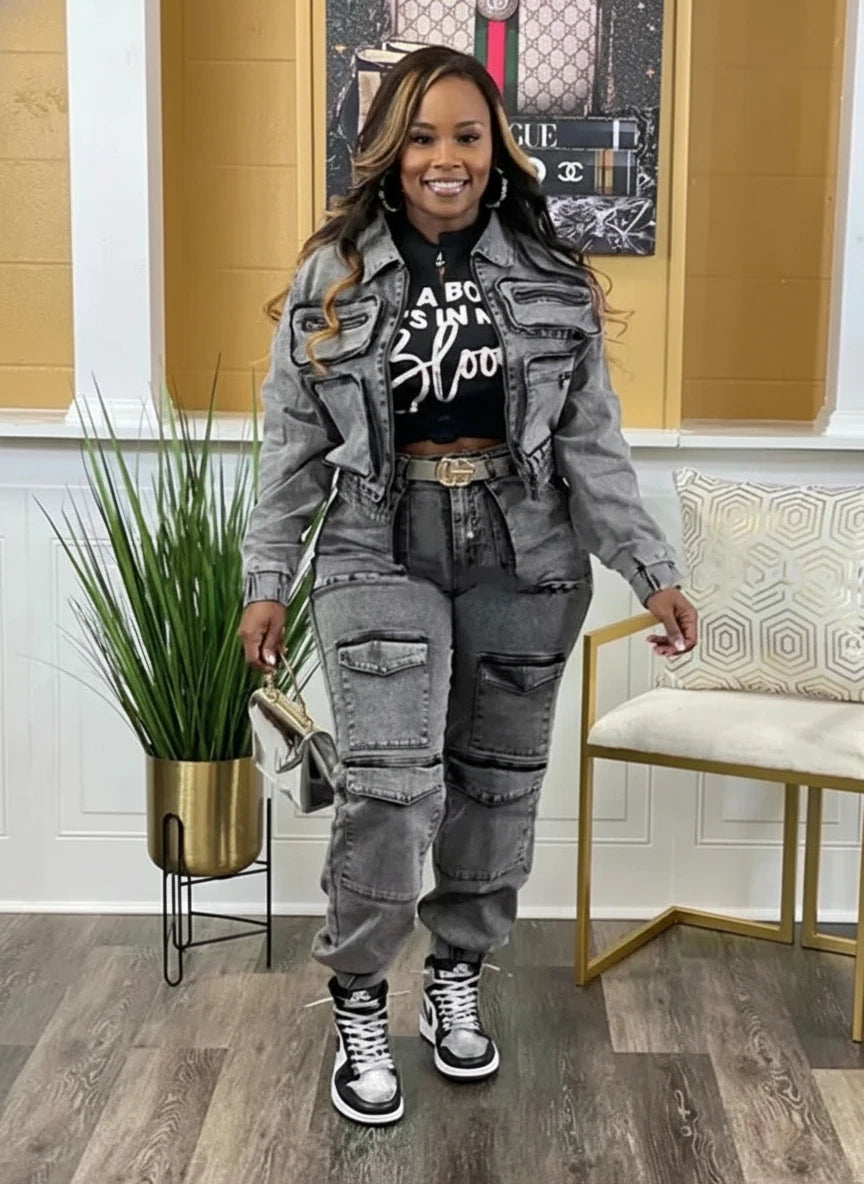 Denim Two Piece Set Women Jacket Coat Top Jeans Cargo Pants