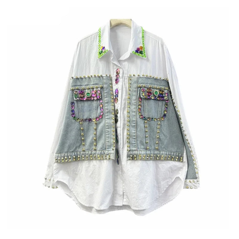 Women's Shirt Colored Diamond Beading Rivet Patchwork Denim Blouse