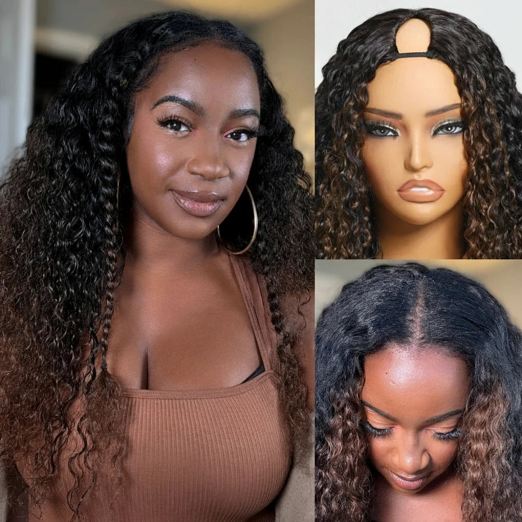 Curly V Part Ombre Chestnut Brown Human Hair Clip in V Part Wig