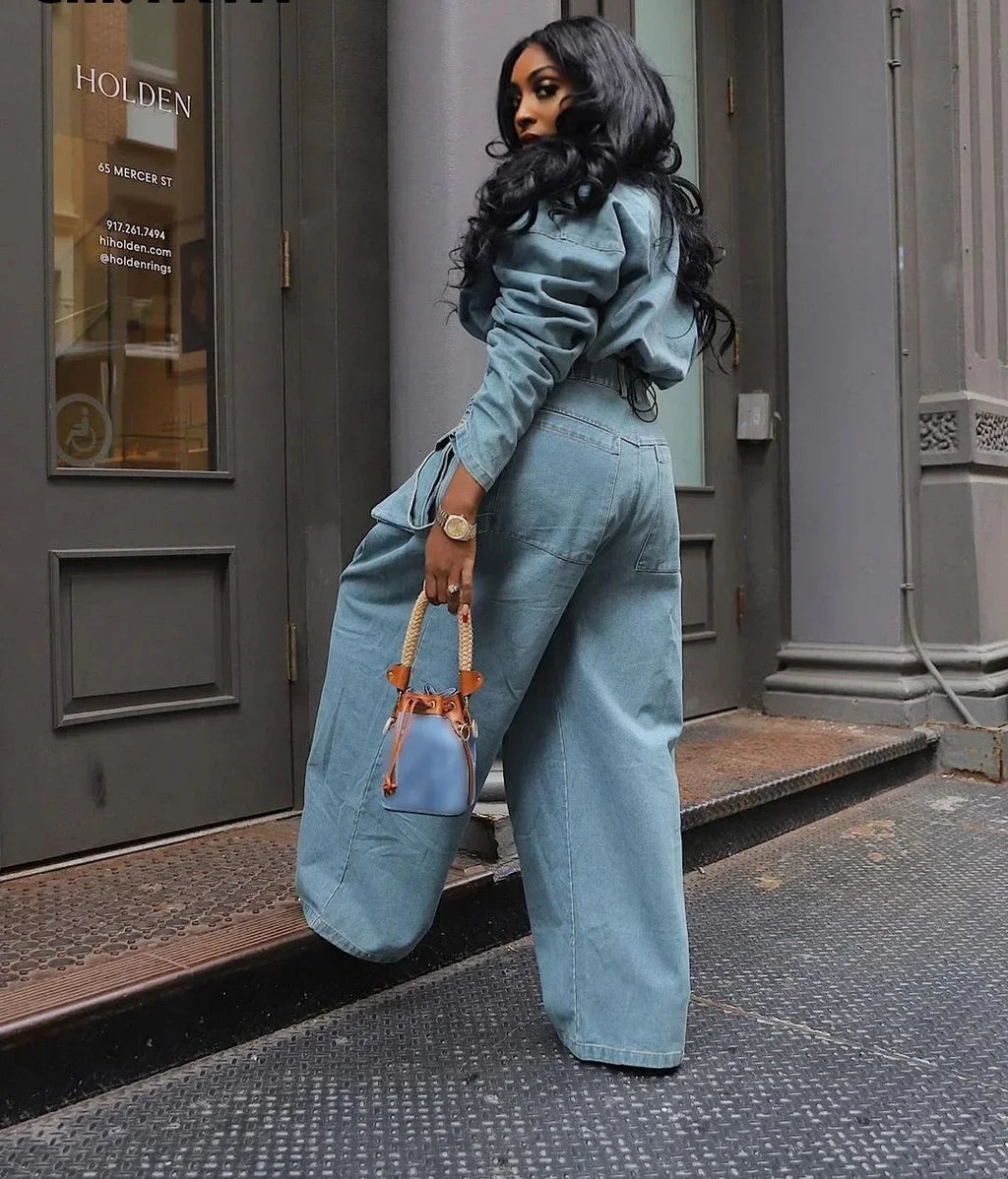 Women's Ruched Long Sleeve Jacket and Pocket Front Wide Leg High Waist Jeans Pants Set