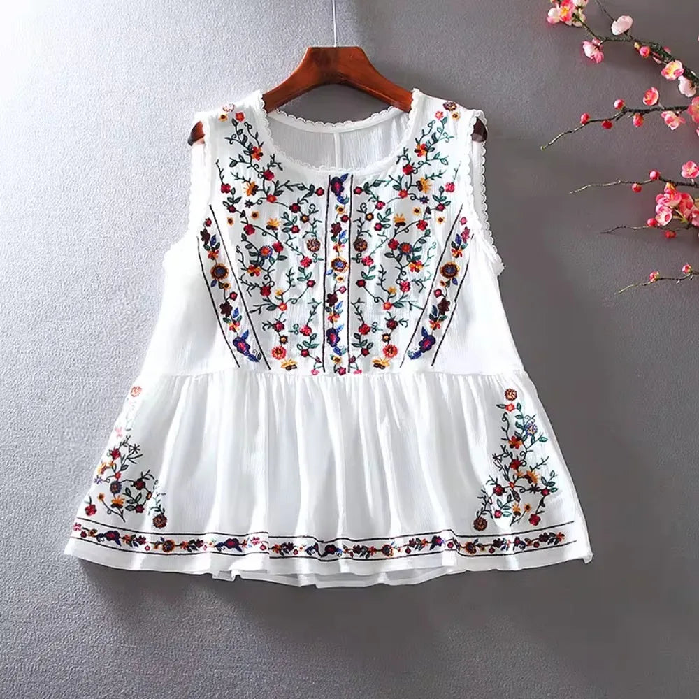 Loose Casual Ruffles Vintage Embroidery Blouse