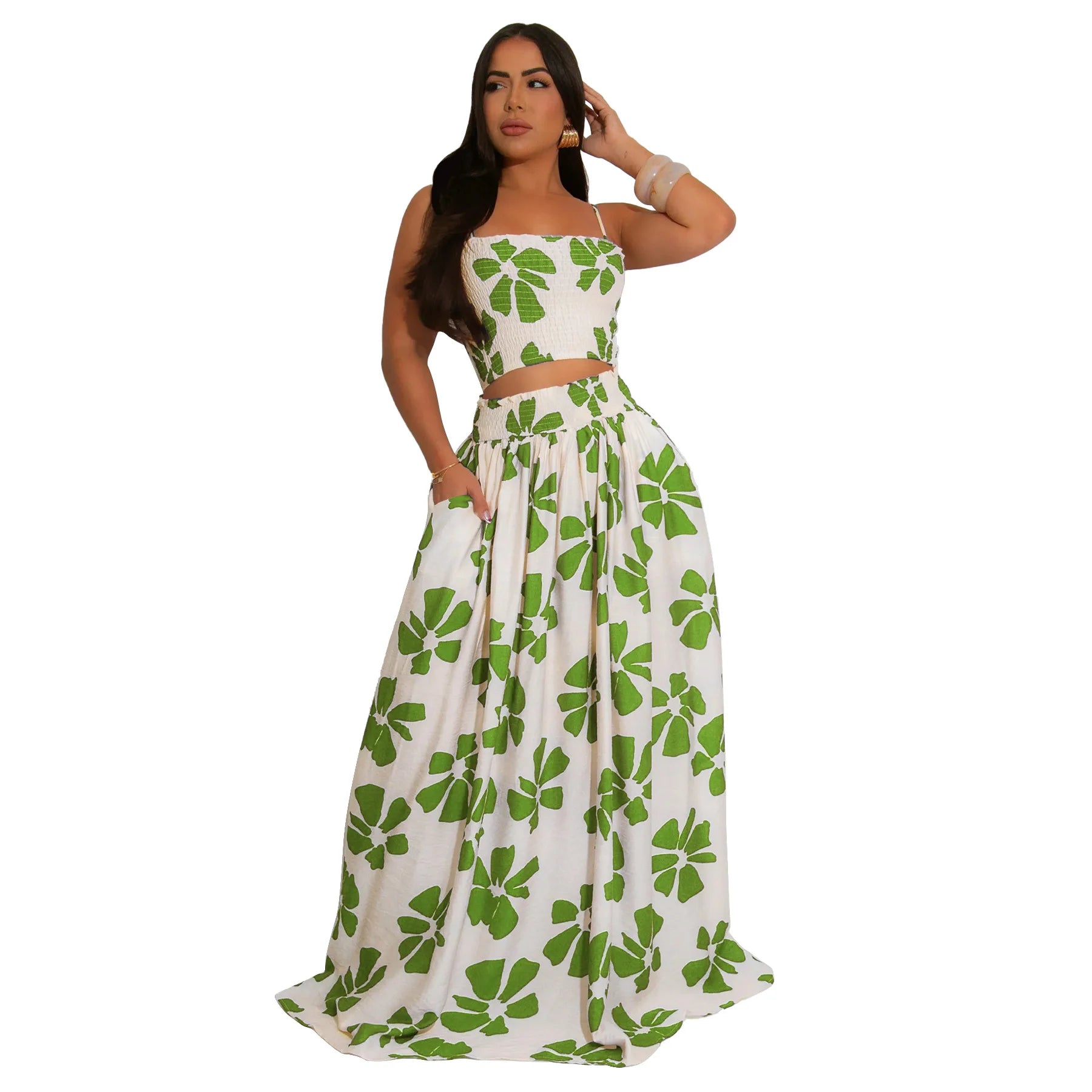 Women's Floral Strap Sleeveless Tank Top and Maxi Long Skirt