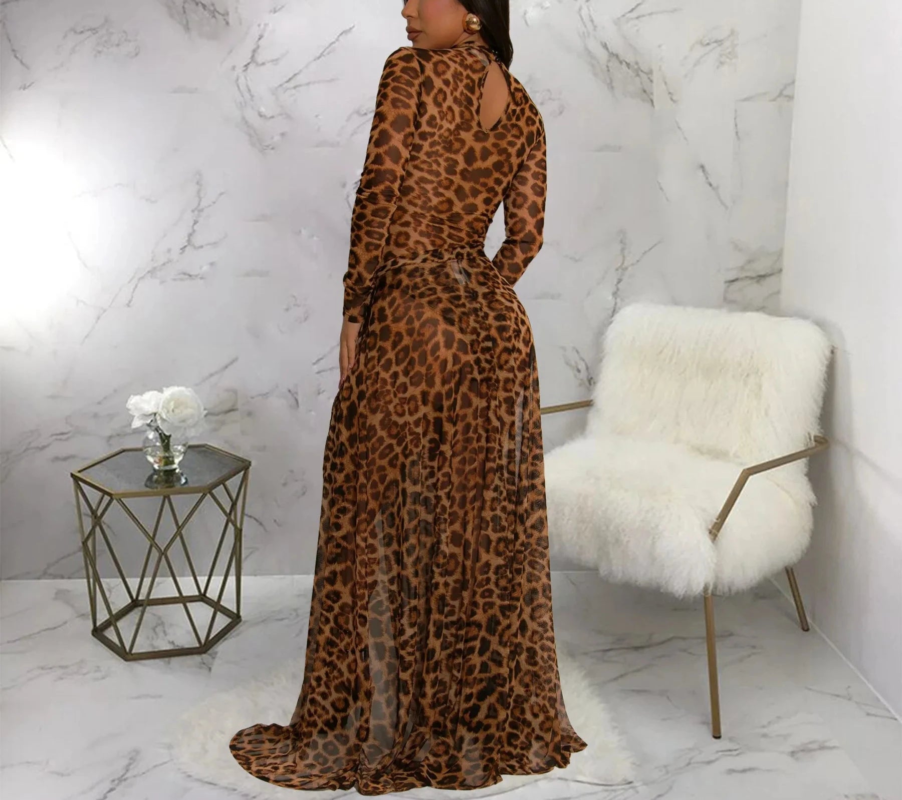 Women’s Leopard Print full Sleeve Bodysuit Top + long Skirt Set