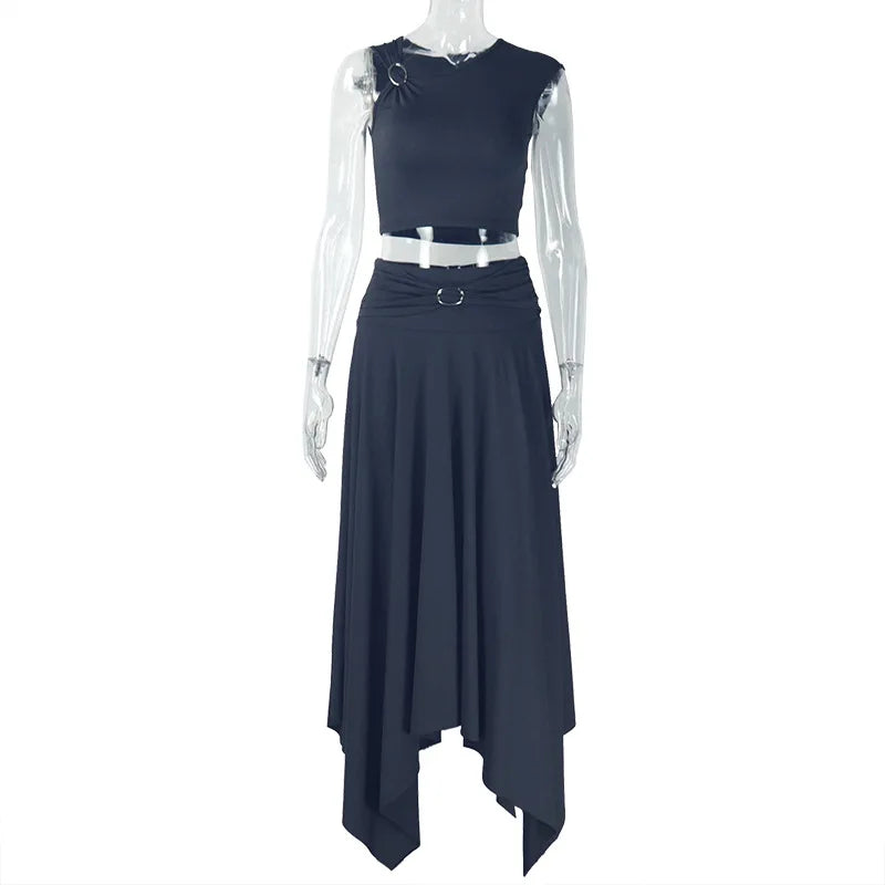 Women's 1 Side Sleeved, 1 Side Strapped Tank Top and Irregular Maxi Skirt