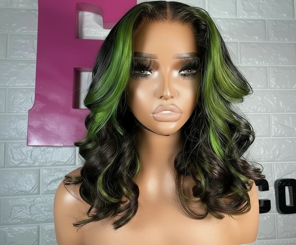 Highlight Green Body Wave Bob Lace Frontal Human Hair  13x4 Short Bob WIG