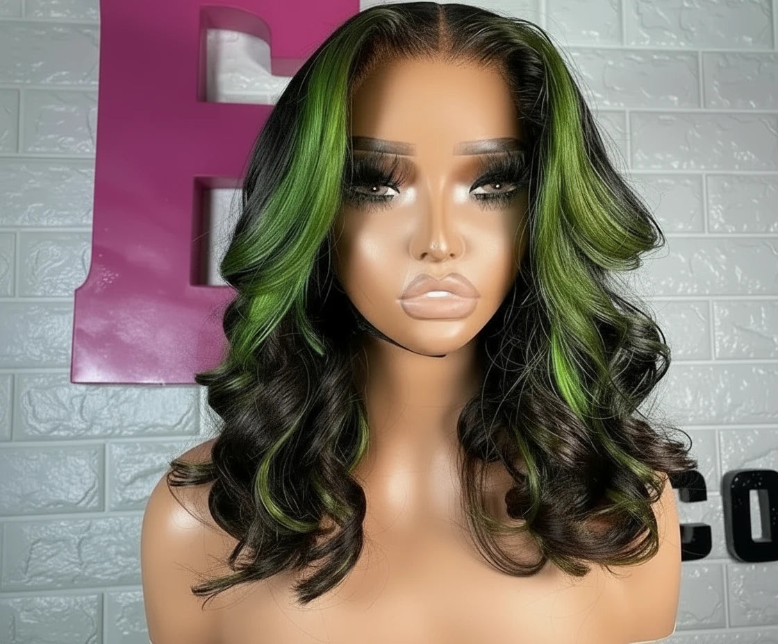Highlight Green Body Wave Bob Lace Frontal Human Hair  13x4 Short Bob WIG