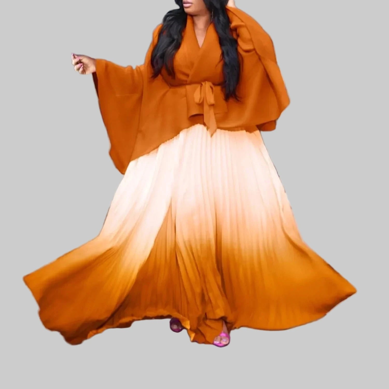 Gradient Women's Full Sleeve V-Neck Blouse with Beltt and Pleated Maxi Skirt Set