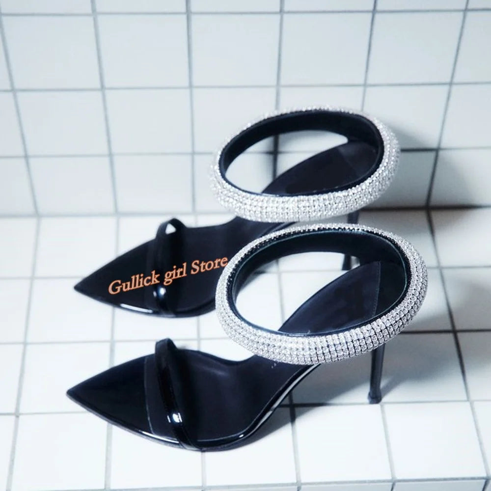 Top Quality Crystal Strap Stiletto Sandals Sexy Pointed Toe Black Patend Leather Slip On Fashion 2024 Summer New Arrivals Shoes