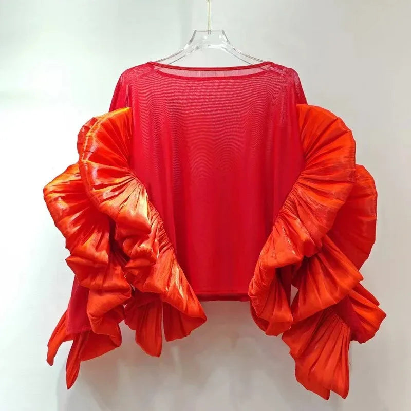 Women's O-neck Loose Stretch Irregular Patchwork Ruffles Edge