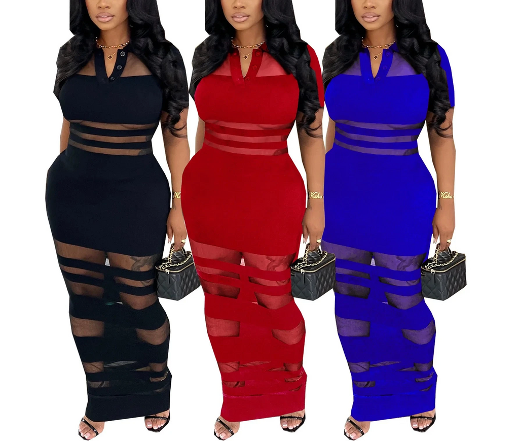 Women’s Mesh See-Though Patchwork Polo-Collar Bodycon Maxi Dress