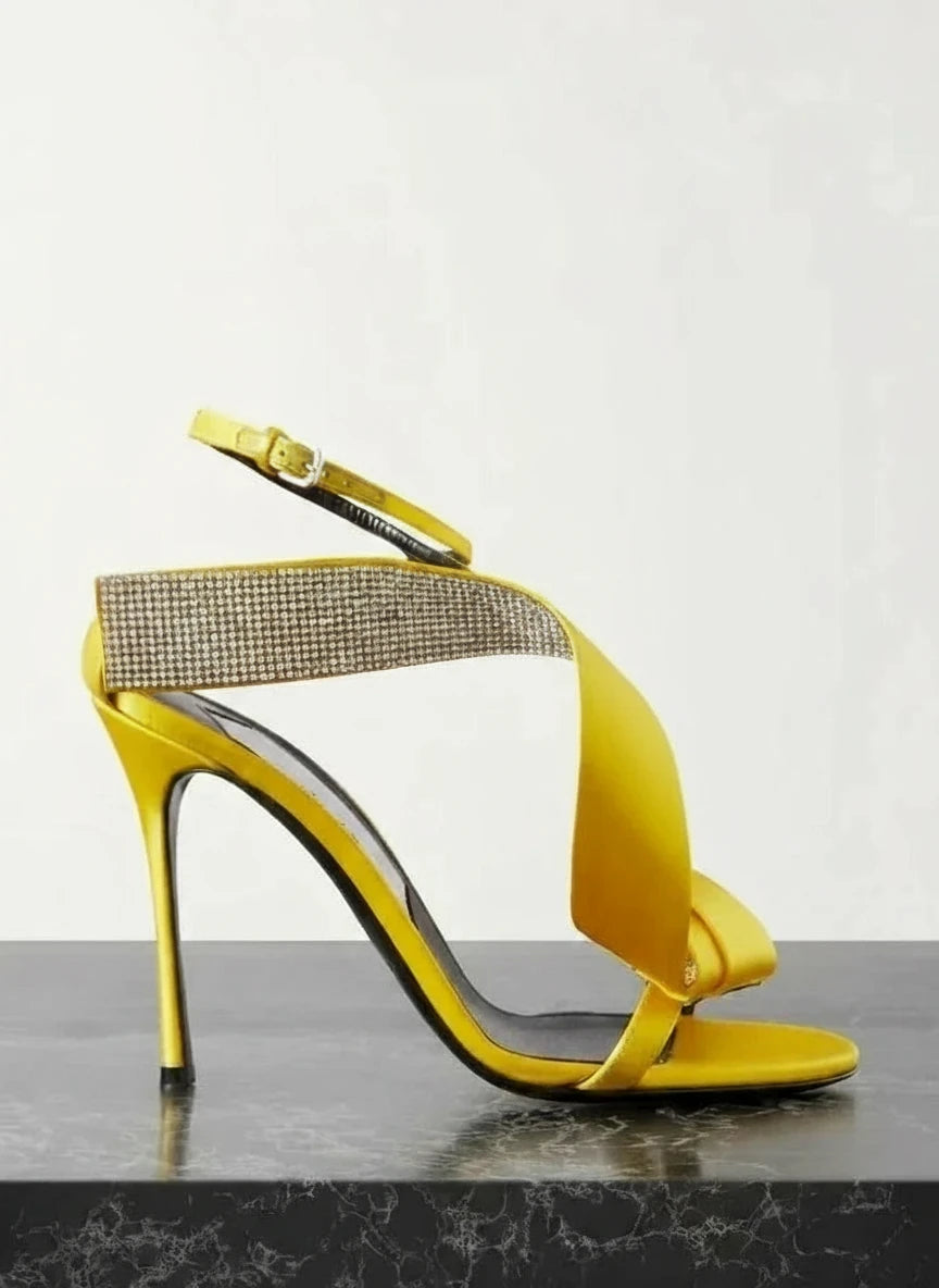 Crystal-embellished Satin Sandals Yellow Rosy Red Thin High Heel Ankle Cross Strap Crystal Women Summer Sandals High Heels