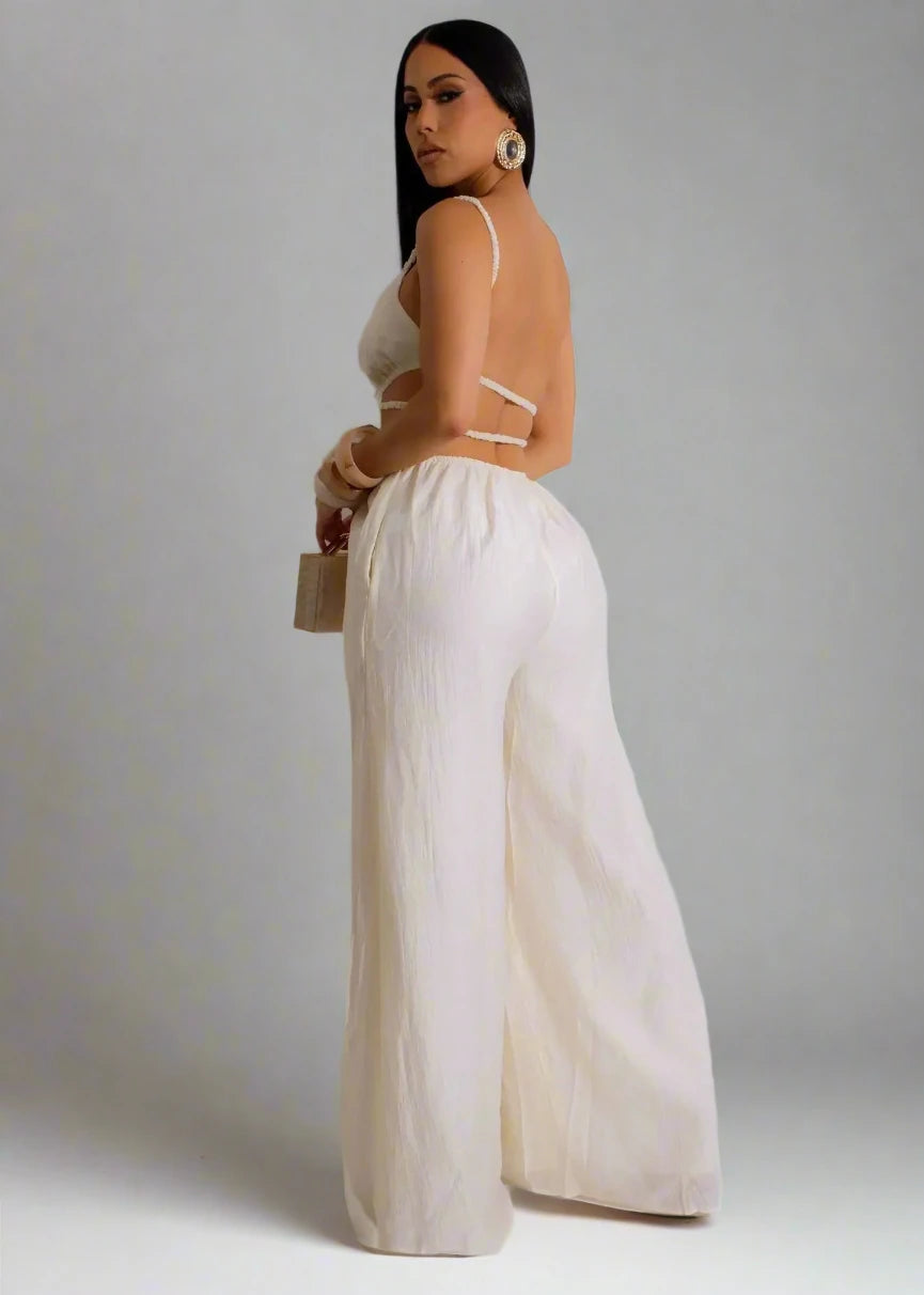 Women’s Sleeveless Strap V-neck Backless Wide Leg Long Jumpsuit