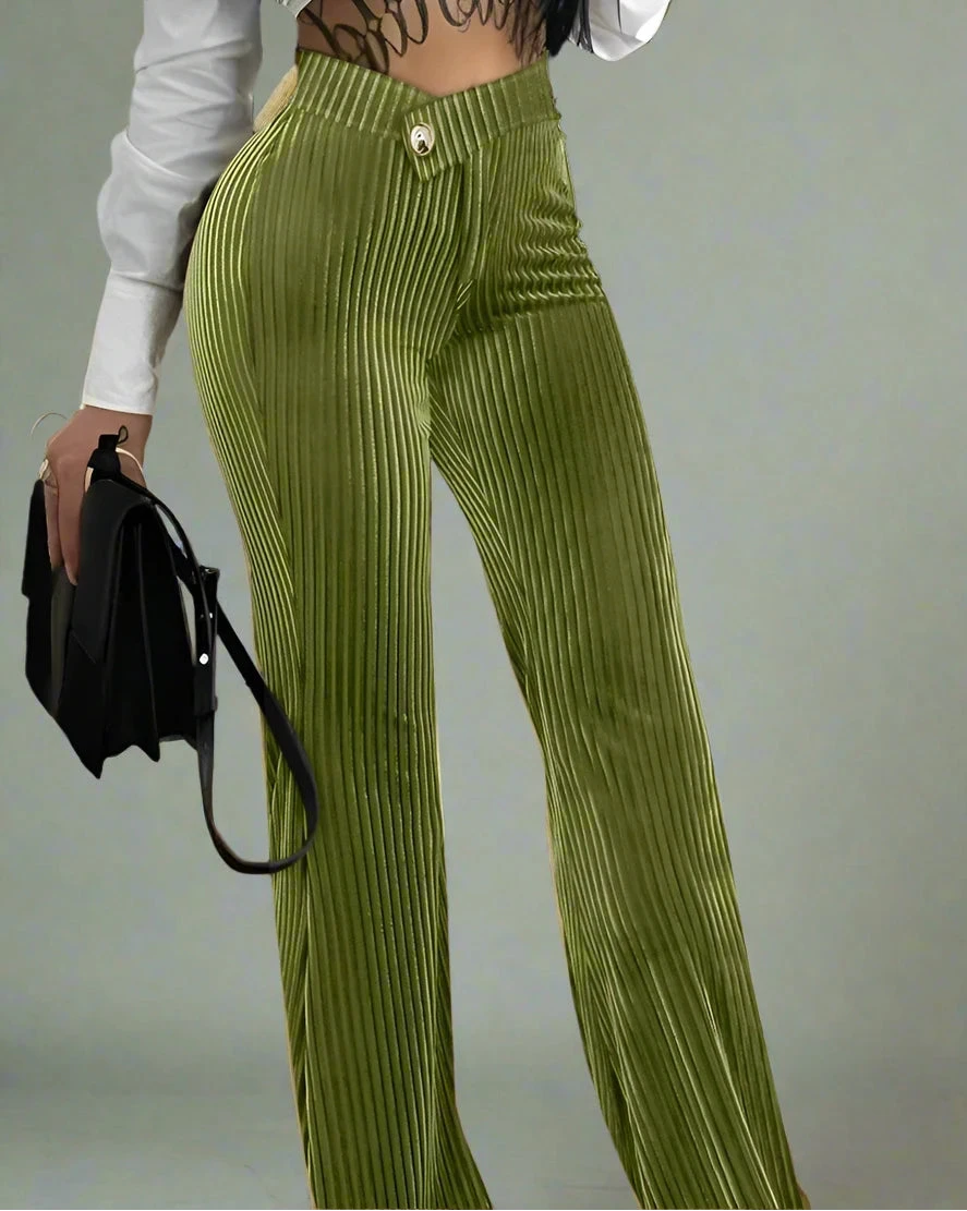 Women’s Corduroy Zipper Fly V-low Waist Straight Wide Leg Pants