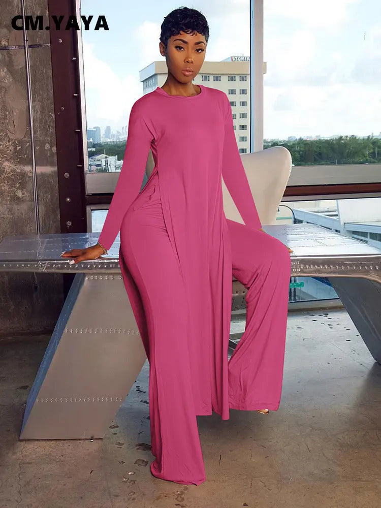 Women's Long Sleeve High Slit X-long Tee Top & Straight Pant Suit
