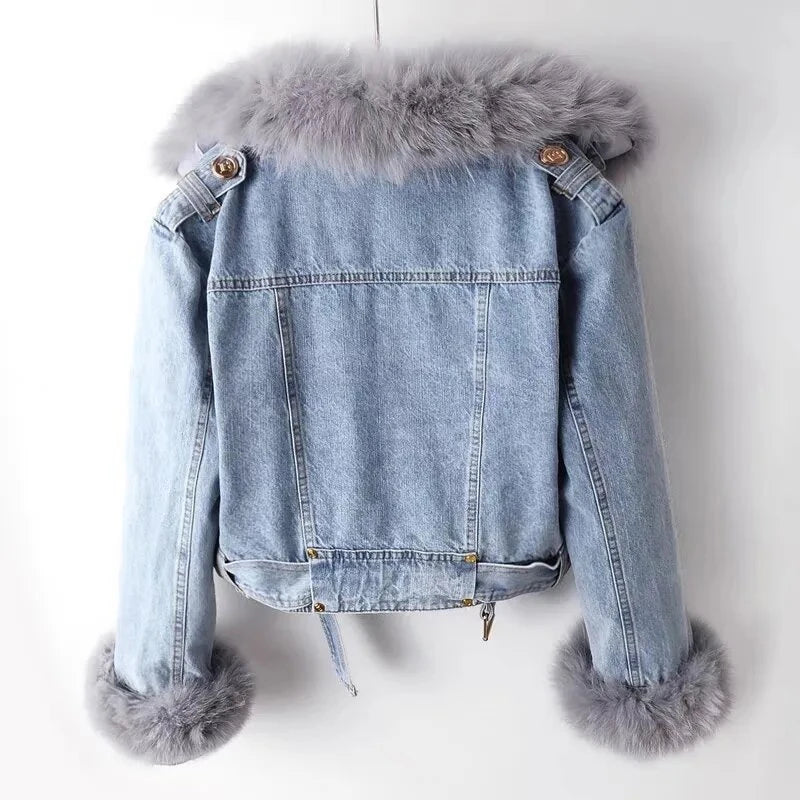Winter Denim Overcoat Faux Fox Fur Collar