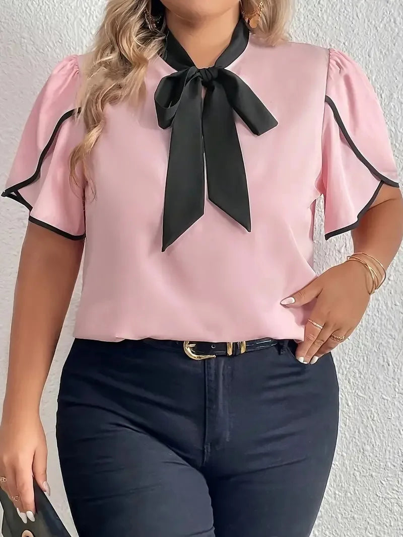 Plus Size Contrast Bow Tie Neck Short Sleeve Casual Blouse