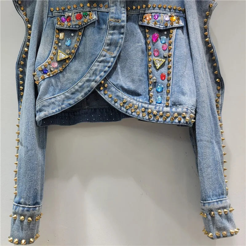 Women's Denim Coat Puff Sleeve Rivets Colorful Crystal Single Breasted Irregular Jacket