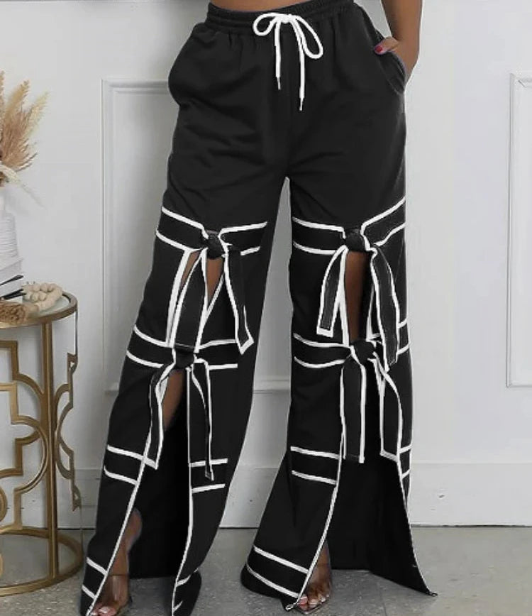 Women’s Striped Patchwork Bowknot Split Wide Pants