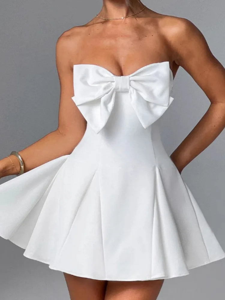 Bow Strapless Backless Mini Dress For Women Solid Off-shoulder Sleeveless A-line Dress