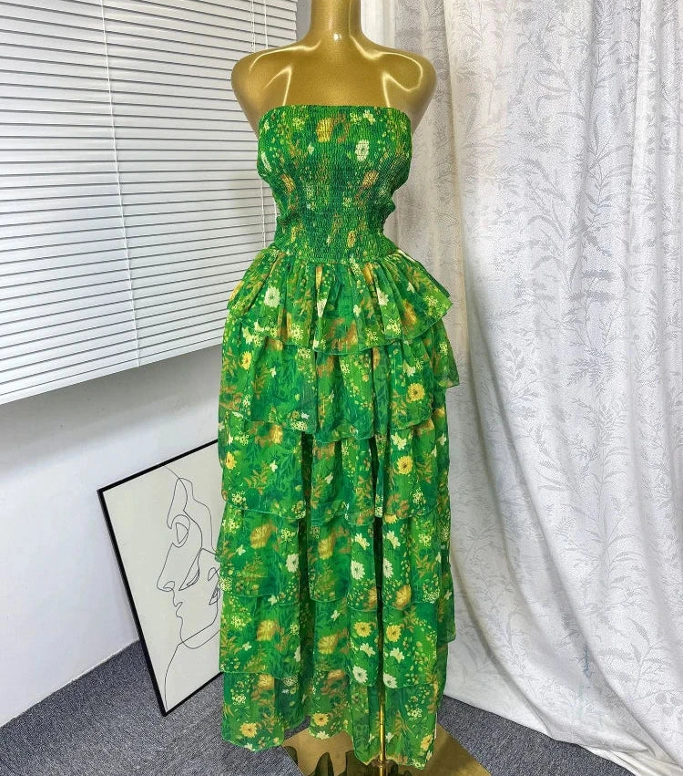 Women’s Strapless Floral Printed Tiered Ruffles Maxi Dress