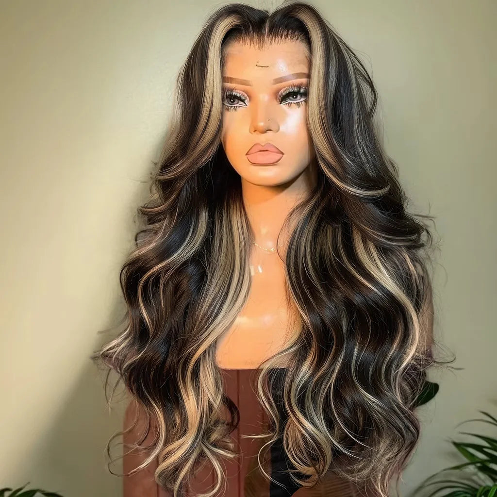 1B/27 Body Wave Human Brazilian Hair 30 Inch 13x4 HD Lace Frontal Ombre Blonde Highlight Front Wig