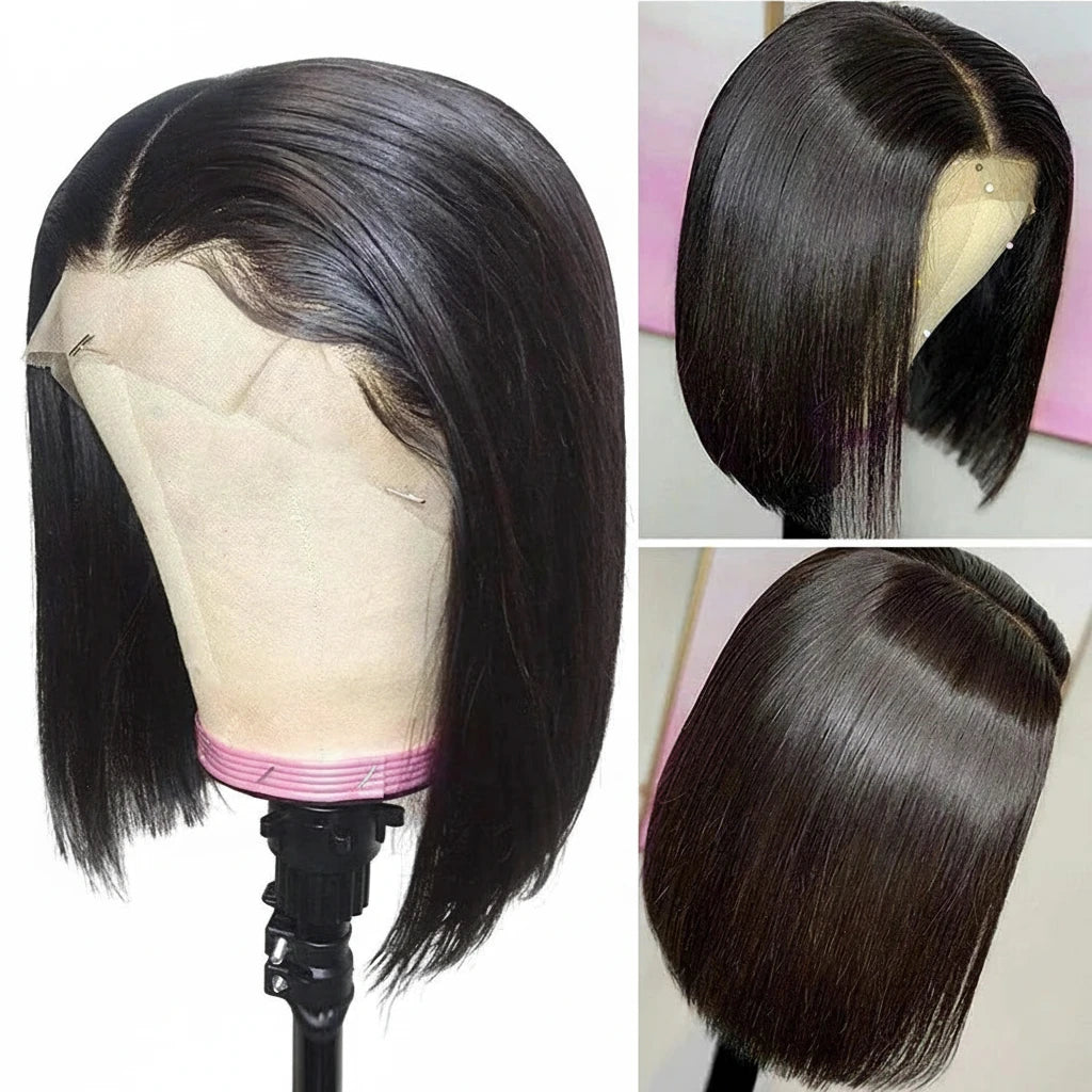 13x4 Lace Front Human Hair Blunt Cut Bob Wig, 4x4 Lace Closure Wig Short Bob Wig