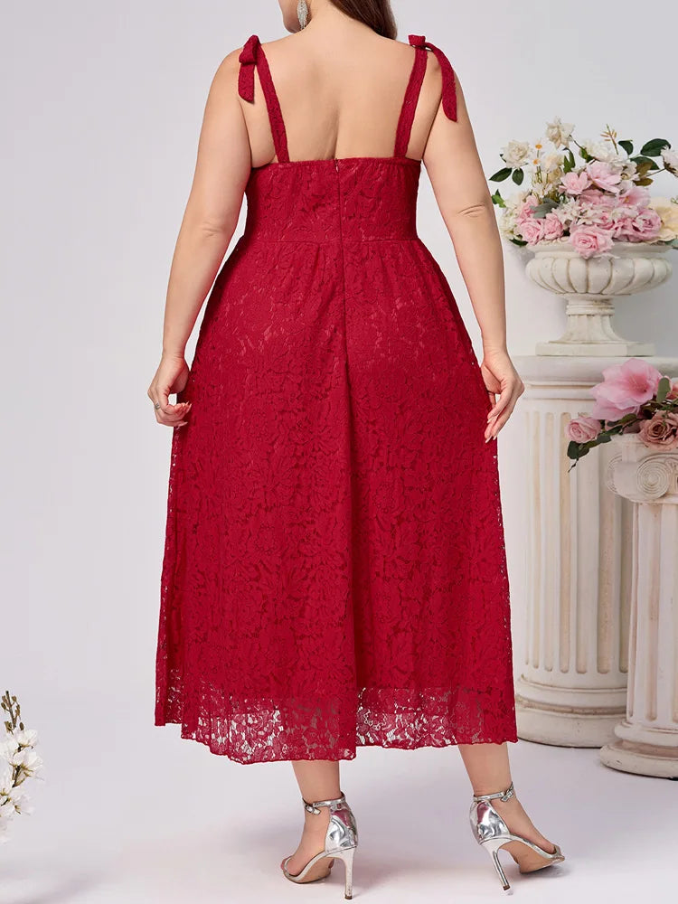 Plus Size Solid Lace Elegant Straps Backless High Waist Sleeveless Dress