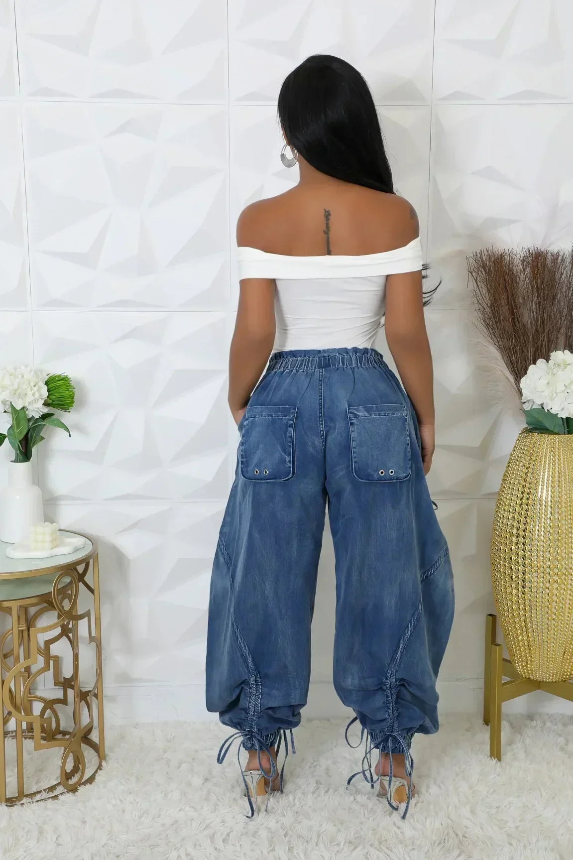 Women’s Drawstring Denim Loose Safari Style Cargo Harem Jeans