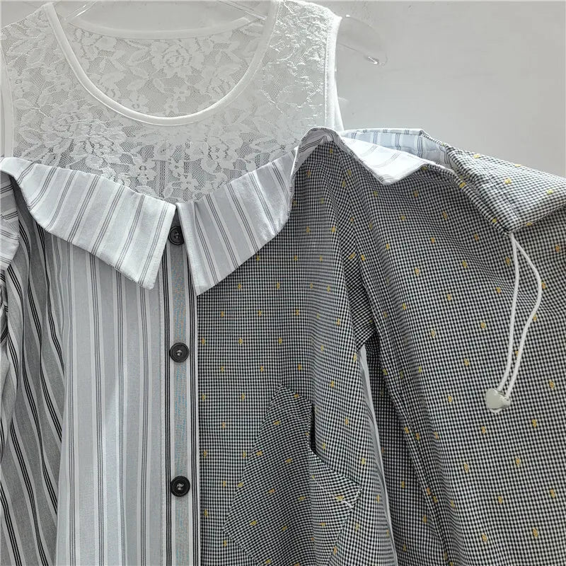 Women's Shirt Loose Patchwork 2 Piece Shoulder Blouse