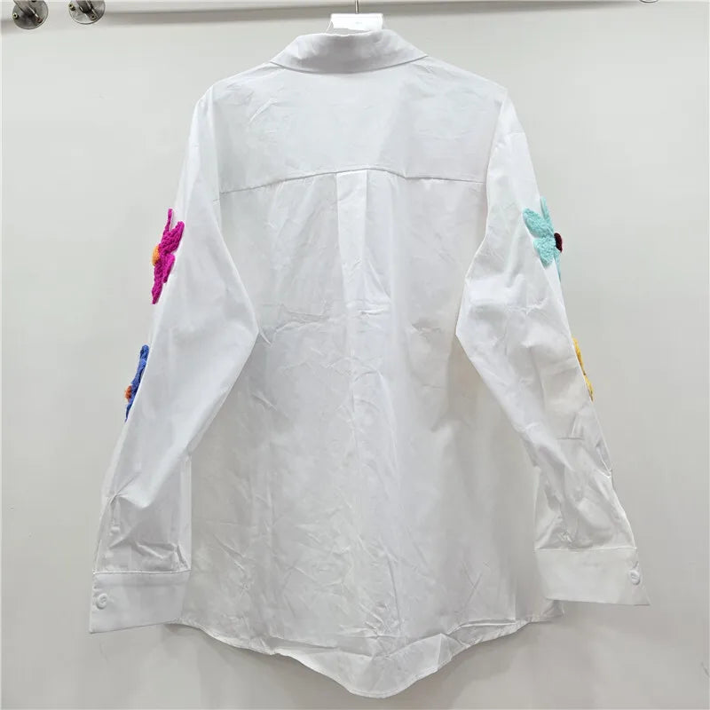 Women's Shirt Loose Colorful 3d Knitted Flower Long Sleeve