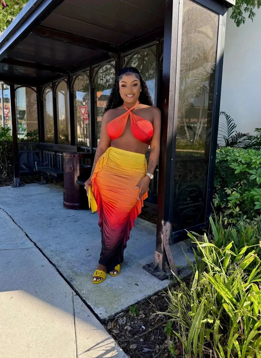 Gradient Printed Women' Sleeveless V Neck Crop Top &  Bodycon Tassel Maxi Skirt