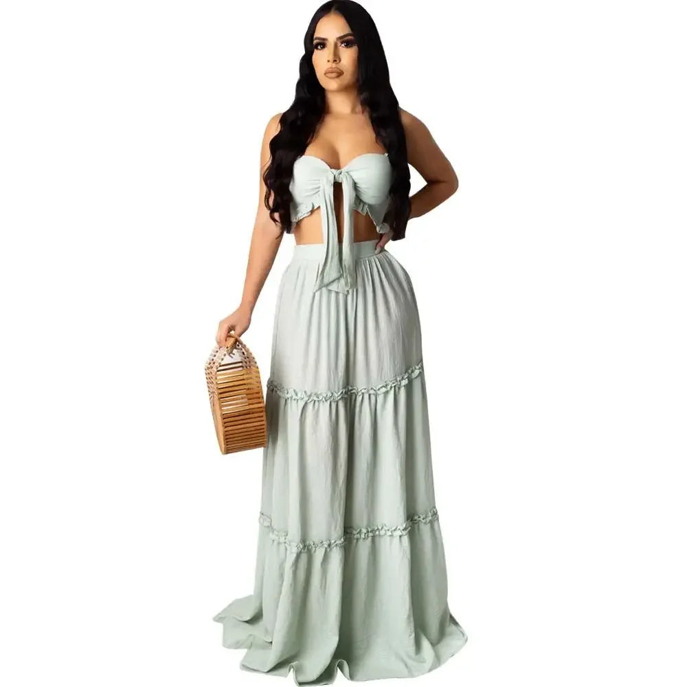 Women’s Solid Bohemian Bow Strapless Crop Top & Cascanding Ruffles Maxi Skirt Two Piece Set