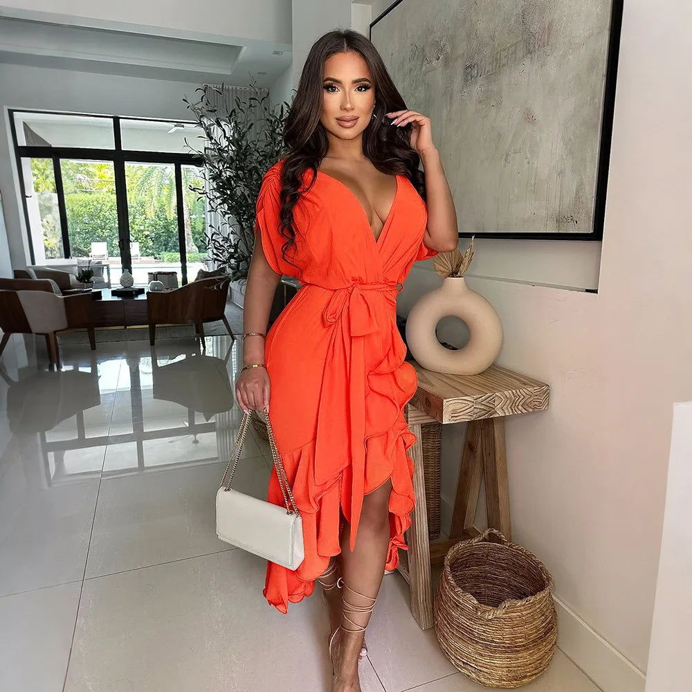 Women’s Wrap V-neck Ruched Batwing Short Sleeve Ruffles Side Split Irregular Maxi Dress