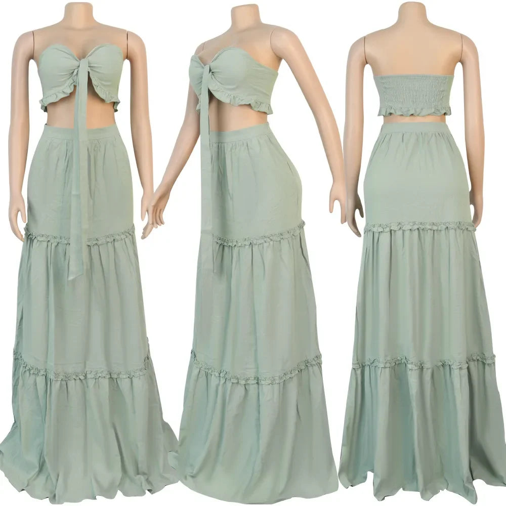 Women’s Solid Bohemian Bow Strapless Crop Top & Cascanding Ruffles Maxi Skirt Two Piece Set