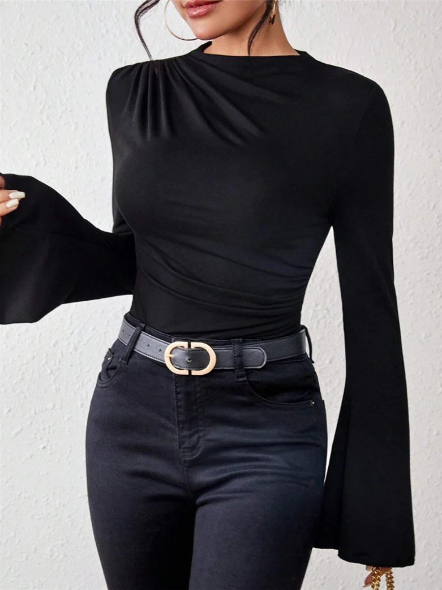Pleated Design-Inspired Flared Long Sleeves Slim Fit Blouse