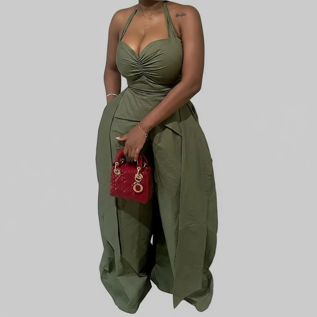 Women's Set Halter V-neck Ruched Front Streamer Side Crop Top & Wide Leg Pants Set