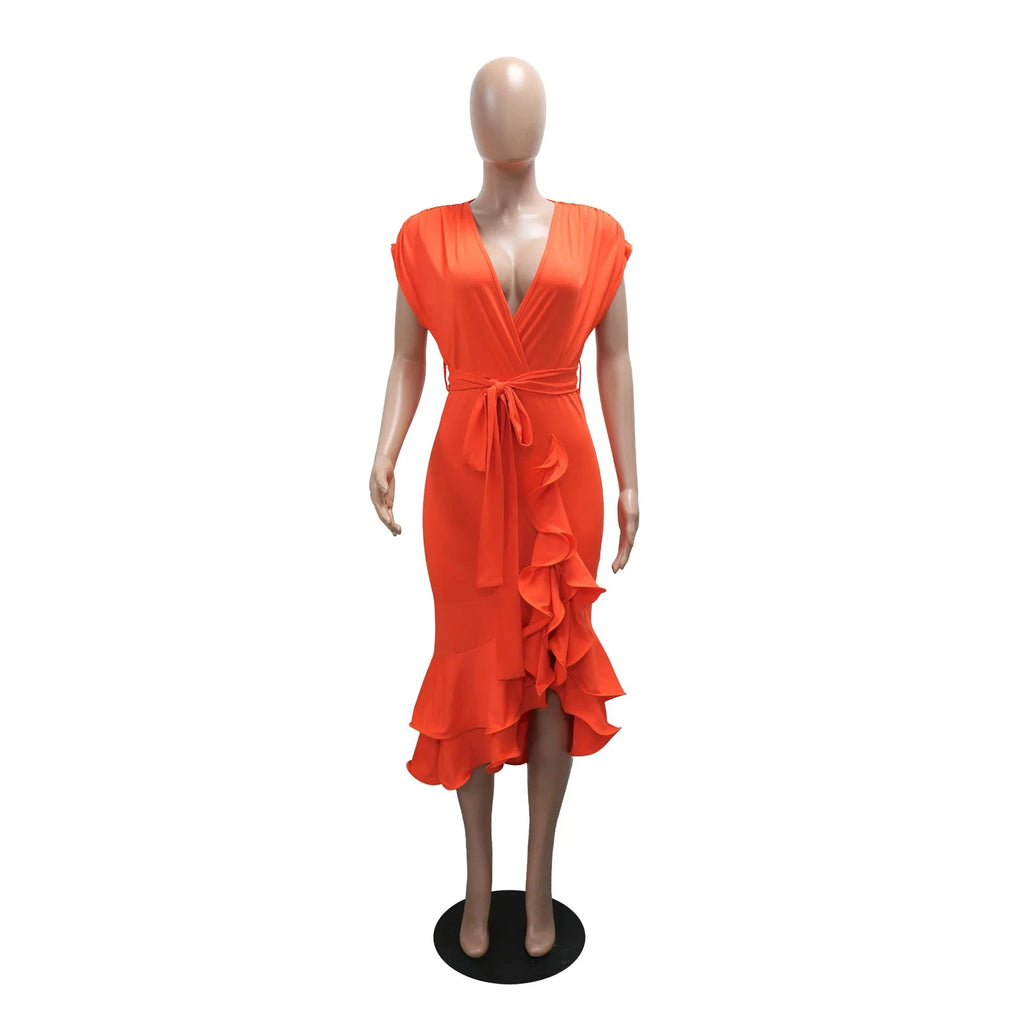 Women’s Wrap V-neck Ruched Batwing Short Sleeve Ruffles Side Split Irregular Maxi Dress