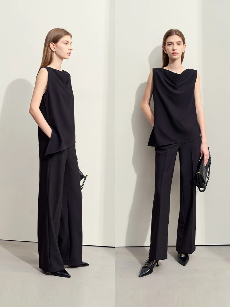 Swing Collar Women’s Vest + Straight Solid Casual Pants *Sold Seperately*