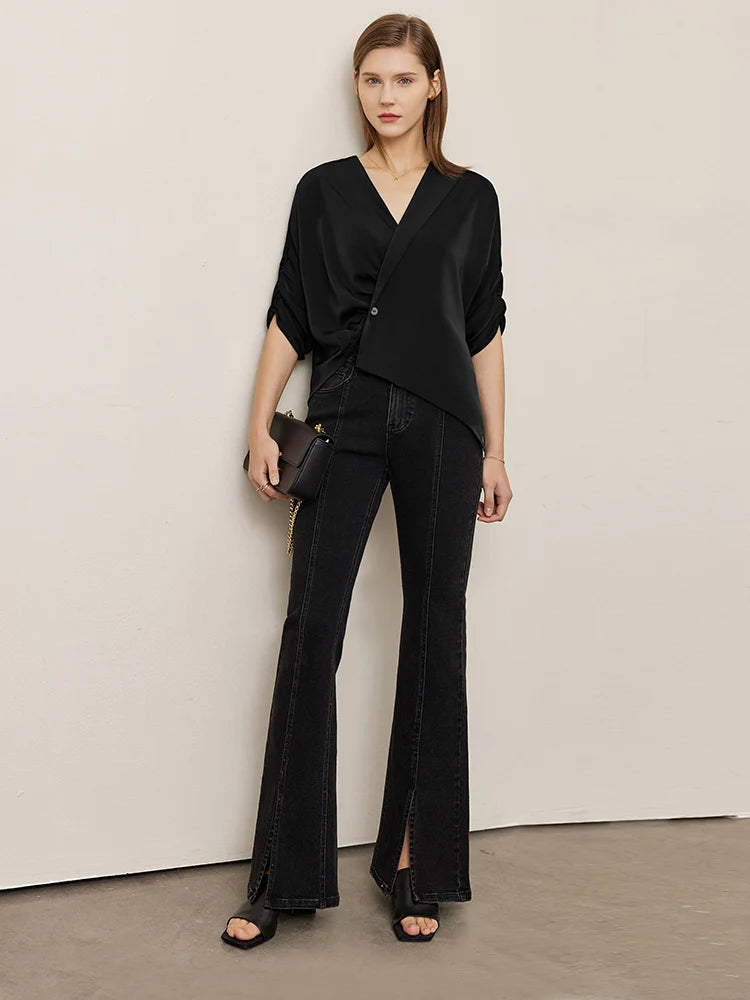 Women’s Solid Half Sleeve Loose V Neck Blouse