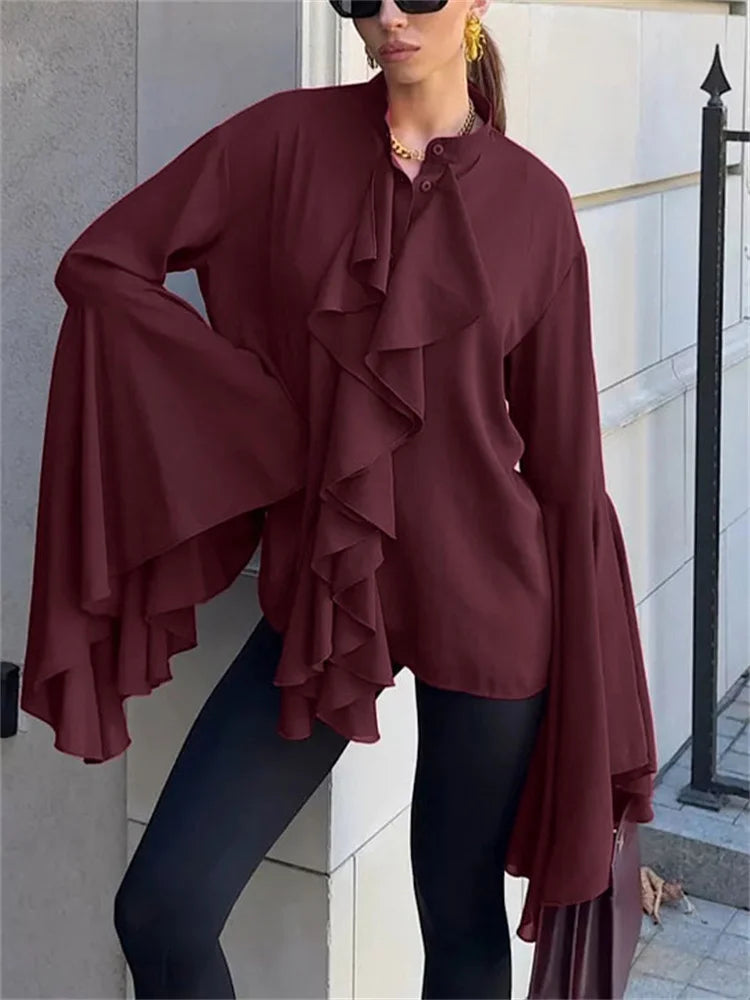V Neck Chiffon Ruffled Long Sleeve Blouse