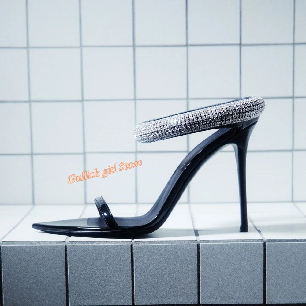 Top Quality Crystal Strap Stiletto Sandals Sexy Pointed Toe Black Patend Leather Slip On Fashion 2024 Summer New Arrivals Shoes