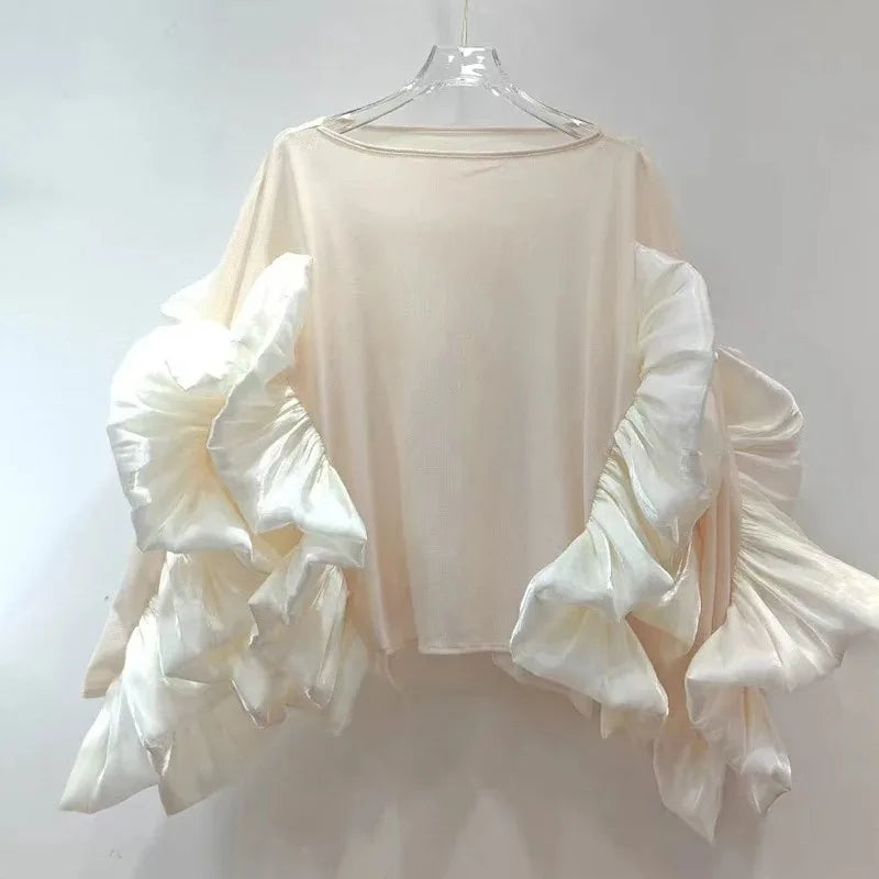 Women's O-neck Loose Stretch Irregular Patchwork Ruffles Edge